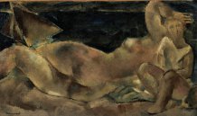 Femme nue et enfant au bord de mer